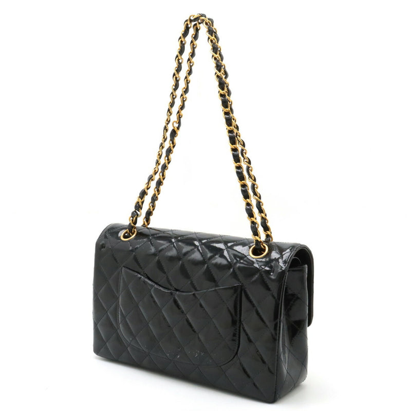 CHANEL Chanel Matelasse 25 Coco Mark Double Chain Shoulder Bag Patent Leather Enamel Black