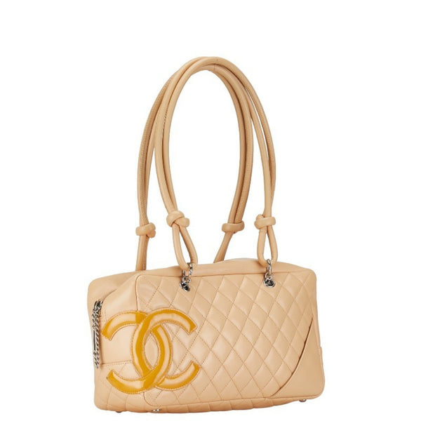 Chanel Matelasse Cambon Line Handbag Tote Bag Beige Yellow Leather Women's CHANEL