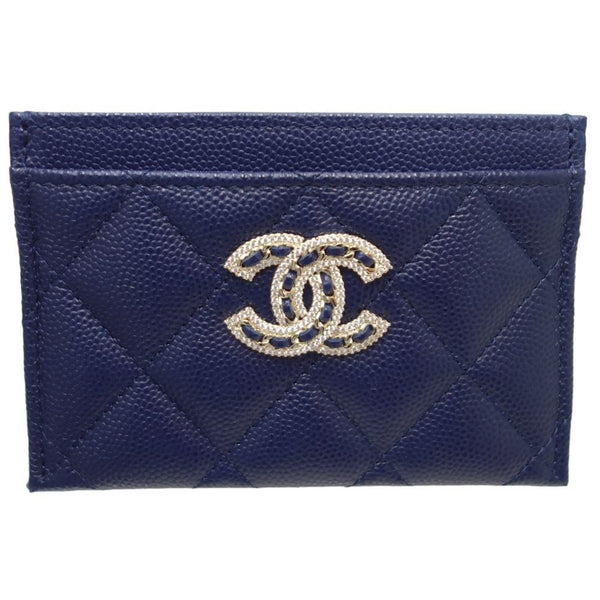 CHANEL Rhinestone Big Coco Mark AP2737 Card Case Caviar Skin Navy 083463