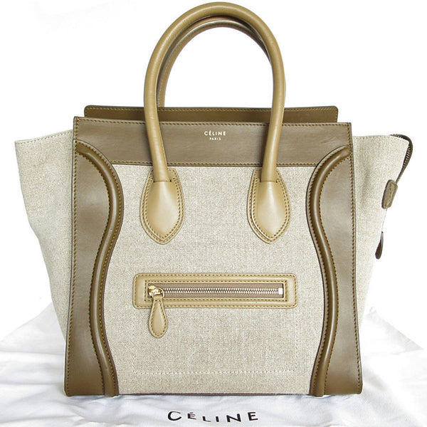 CELINE Handbag Luggage Shopper Leather Canvas Khaki Brown x Beige Men's Women's s0332f