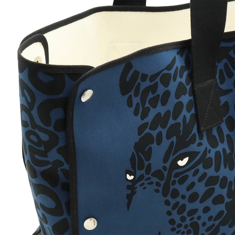 HERMES Hermes Beach Tote Leopard Bag Canvas Blue Black