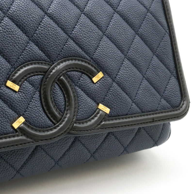 CHANEL CC Filigree Flap Bag Chain Shoulder Caviar Skin Leather Navy A93340