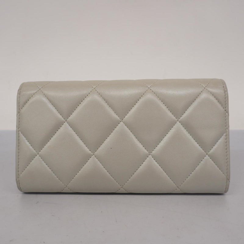 Chanel Long Wallet Matelasse Lambskin Grey Champagne Women's