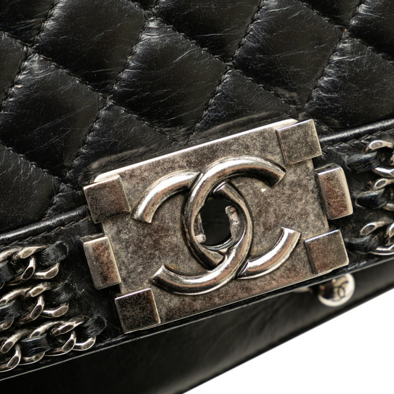 CHANEL BOY CHAIN SHOULDER BAG BLACK LAMBSKIN WOMEN'S