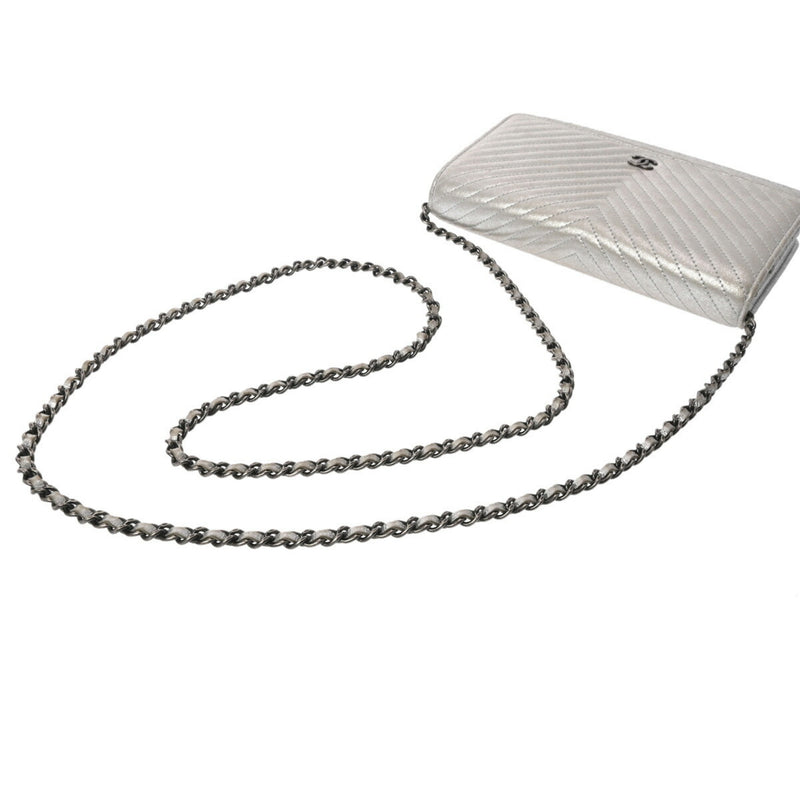 CHANEL V-stitch chain wallet, silver, women's lambskin shoulder bag