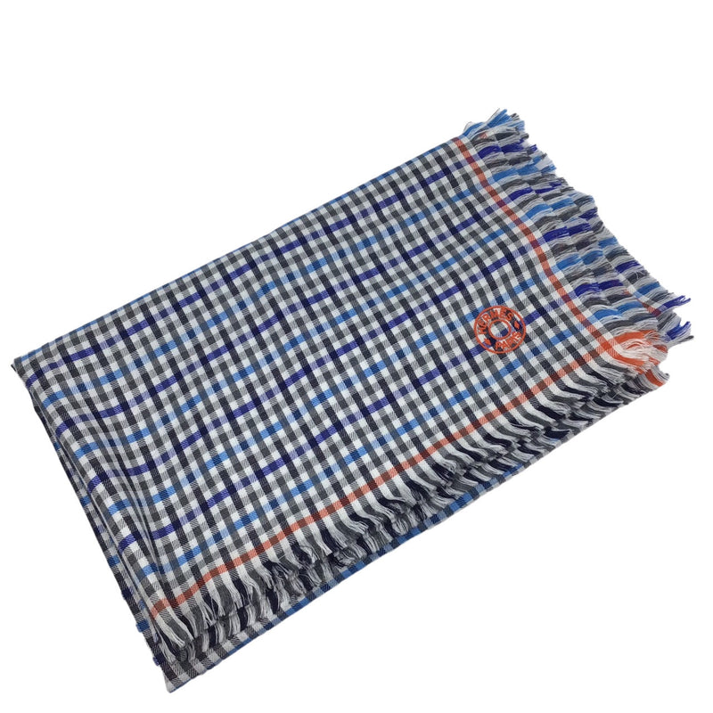 HERMES H Ecoce Stole Blue Gray Orange Scarf Muffler Haori Knee Hanging Large Gingham Check Ladies Men's Unisex Wrapping