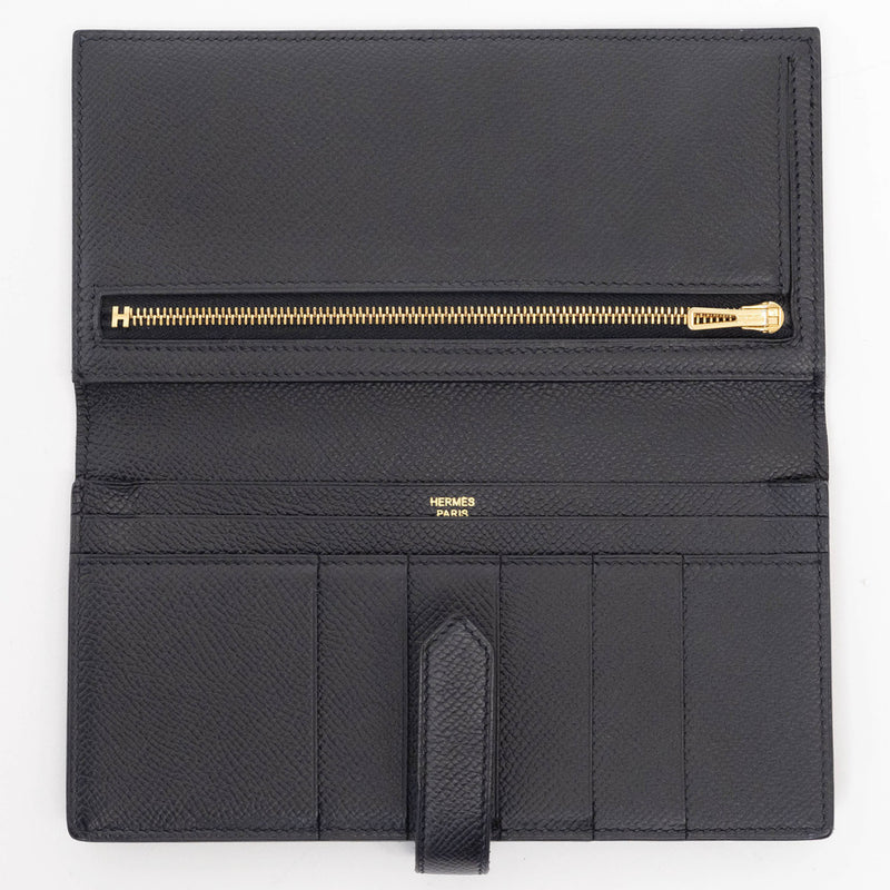 Hermes Bearn Soufflet Bi-fold Long Wallet Black Epsom Leather Women's A Stamp HERMES