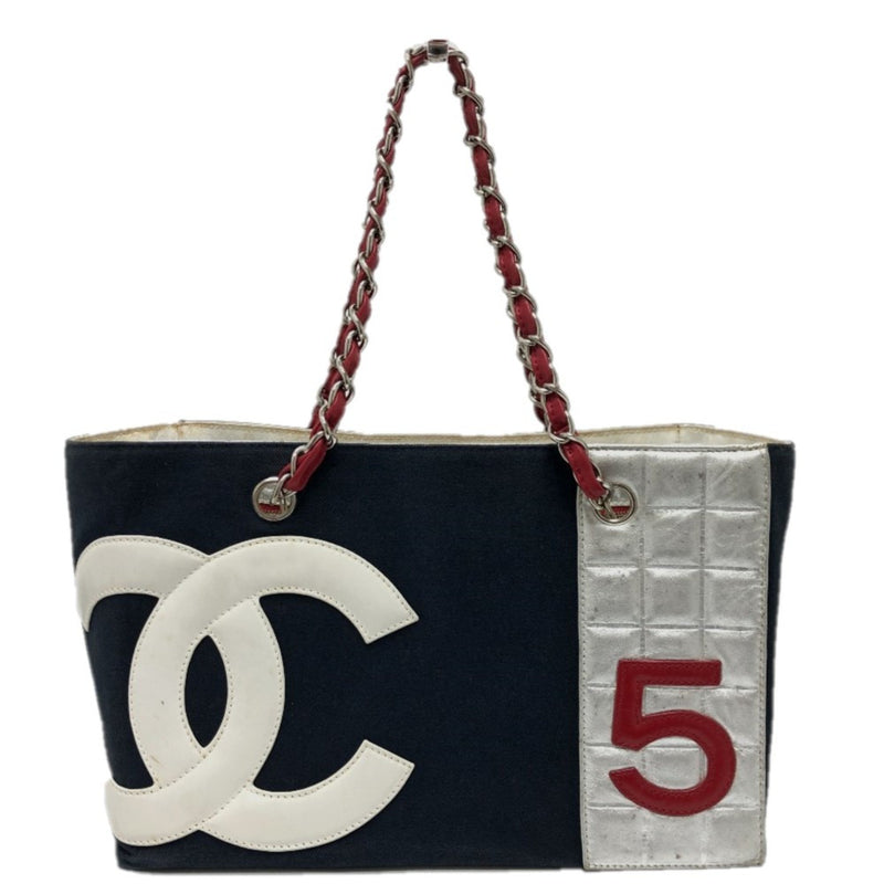 Chanel Chain Tote Bag Navy Silver