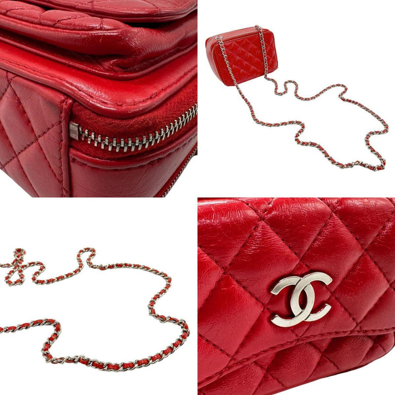 CHANEL Shoulder Bag Leather Red Silver Women's n0122