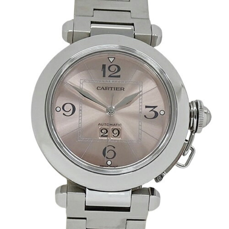 Cartier Pasha C Big Date Automatic Watch for Boys AT Stainless Steel SS W31058M7 Silver Pink Round Polished