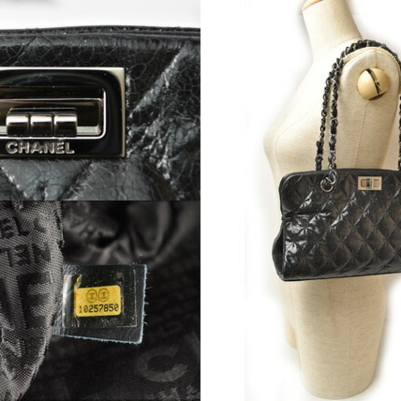 CHANEL tote bag chain patent leather quilted stitch black