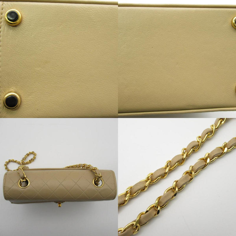 CHANEL Chain Shoulder Bag Leather Women's Beige