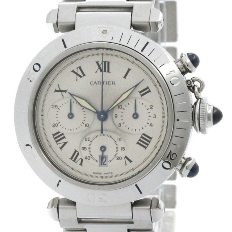 Polished CARTIER Pasha 38 Chronograph Steel Quartz Mens Watch W31018H3 BF574125