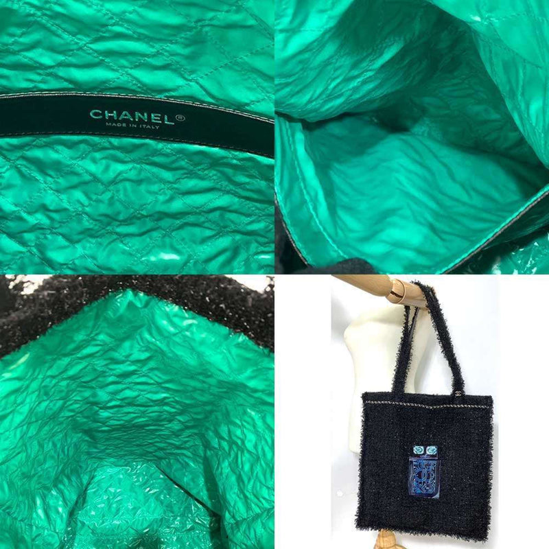 Chanel Large Tote Bag Black x Green Robot Tweed Canvas CHANEL