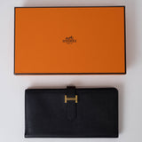 Hermes Bearn Soufflet Bi-fold Long Wallet Black Epsom Leather Women's A Stamp HERMES