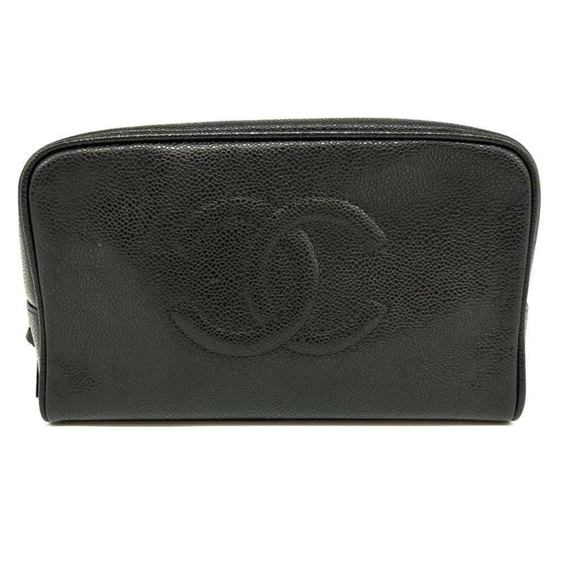 Chanel Caviar Skin Pouch Coco Mark Black Second Bag CHANEL