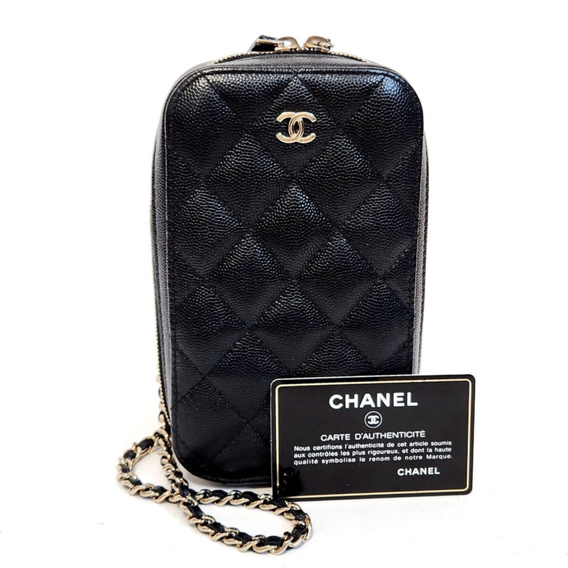 CHANEL Matelasse Phone Holder A70655 Chain Shoulder Bag Black Caviar Skin Smartphone Pouch Case for Women