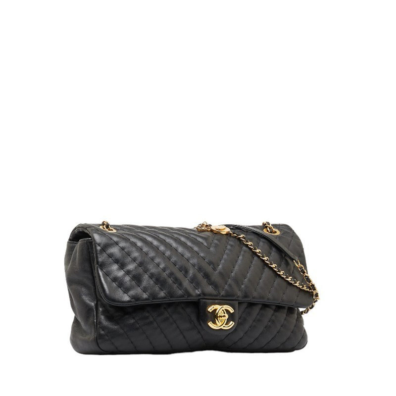 Chanel Coco Mark Chain Shoulder Bag Black Gold Lambskin Women's CHANEL