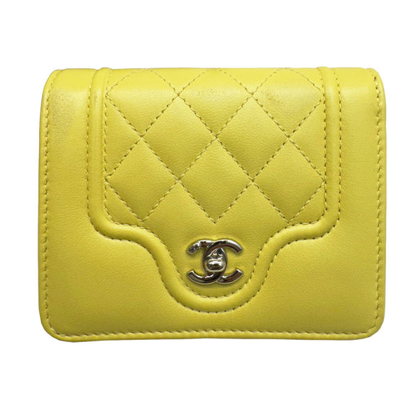 CHANEL Matelasse Mademoiselle Small Flap Wallet Tri-fold Lambskin Leather Yellow Pink 24th Series Women's