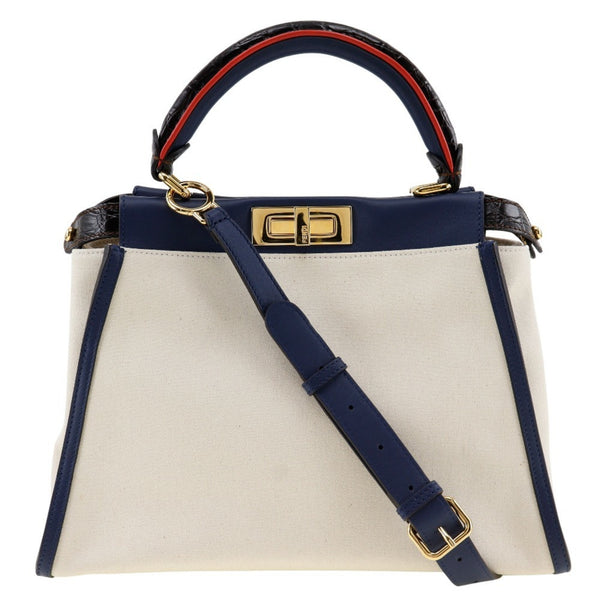 FENDI Peekaboo handbag shoulder bag 8BN290 canvas x calfskin white/navy 2way A5 turn lock women's