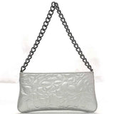 CHANEL Silver Camellia Leather Metal No. 8 Chain Embossed Pouch Flower Pattern Handle Included