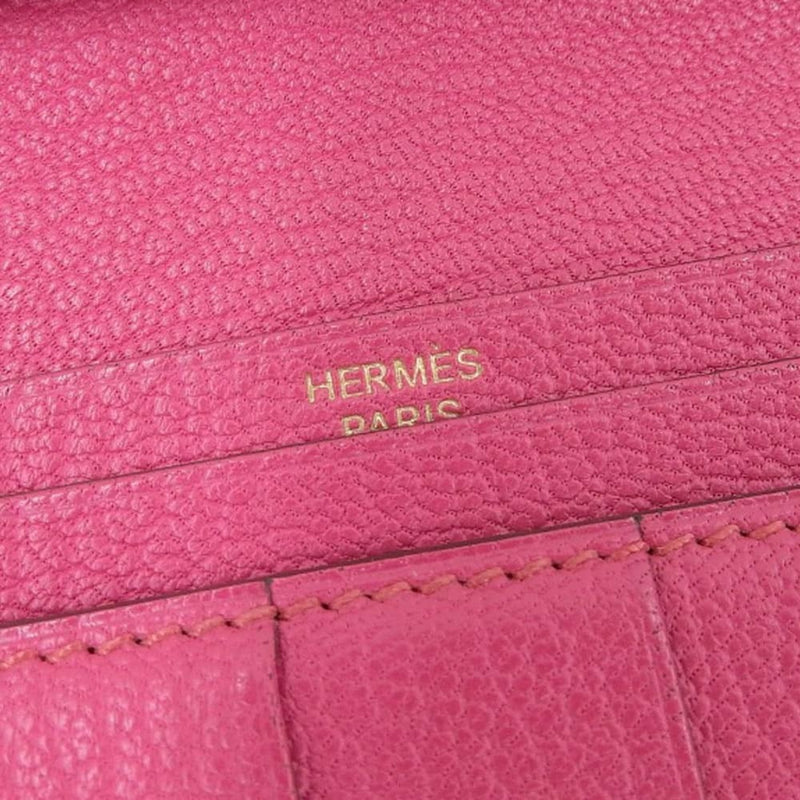 Hermes HERMES Bear Souffle Bifold Long Wallet Chevre Pink Rose Shocking GP Metal Fittings □M Engraved