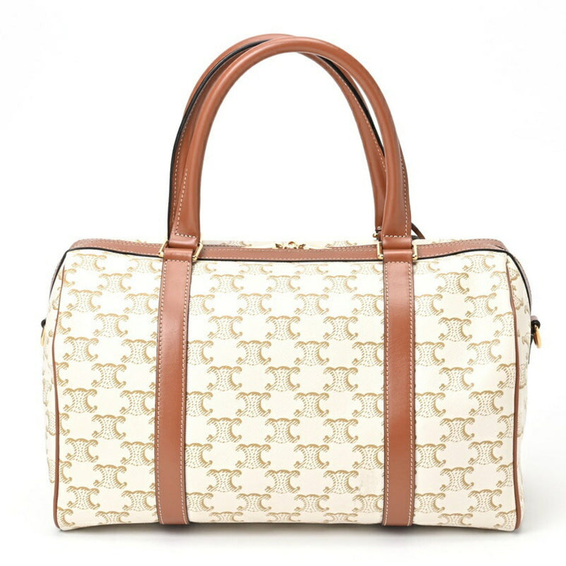 CELINE Boston Bag 19037 Triomphe Canvas Calf Tan White E-156517