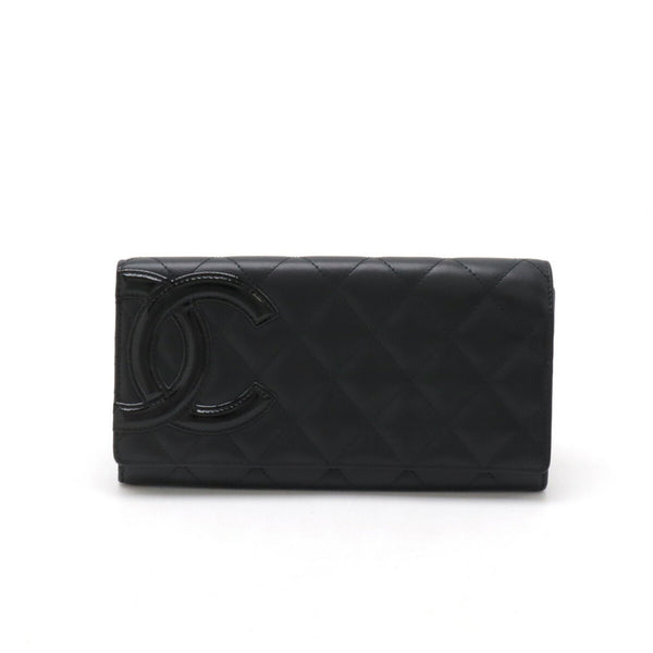 CHANEL Cambon Line Coco Mark Bi-fold Long Wallet Soft Calf Leather Enamel Black Pink A50077