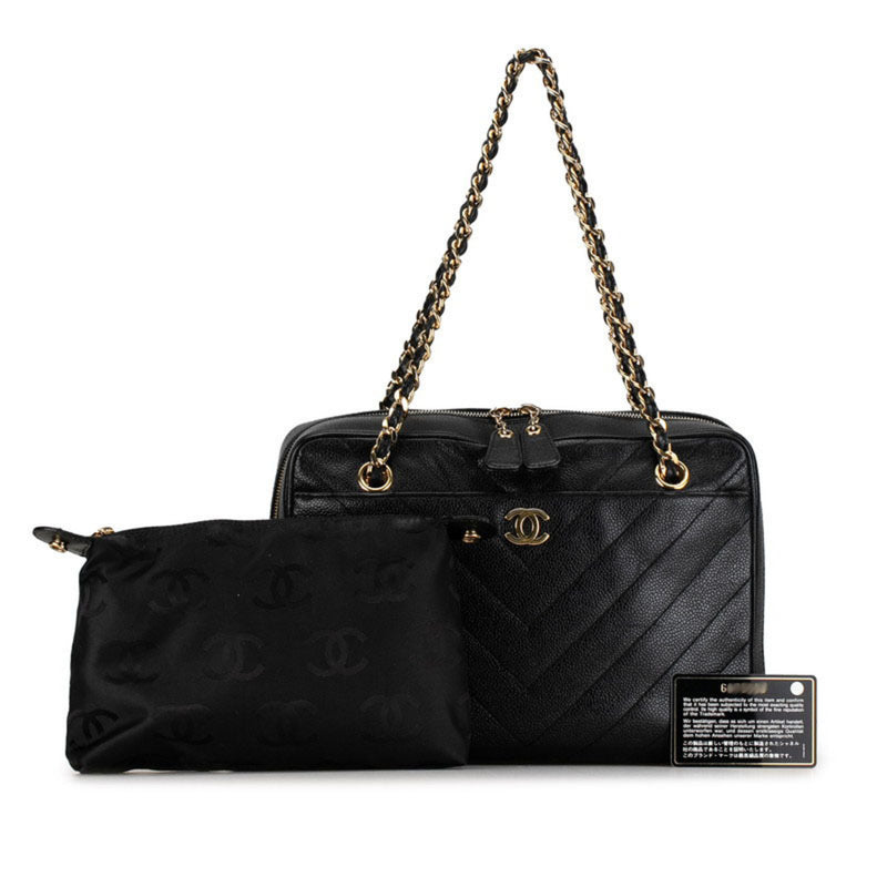 Chanel Coco Mark V Stitch Double Flap Chain Shoulder Bag Black Caviar Skin Women's CHANEL