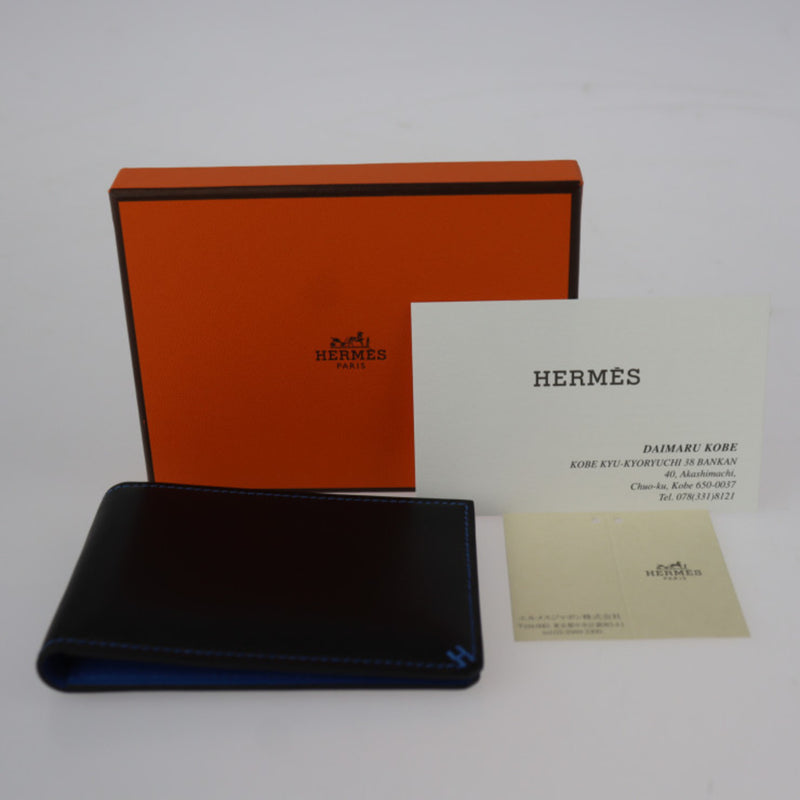 HERMES H Series Horizontal Card Holder Case Evercolor Black Blue Bi-fold B Engraved