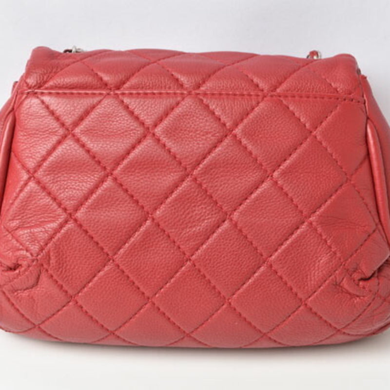 CHANEL Chain Shoulder Bag Leather Matelasse Quilting Stitch Red Silver