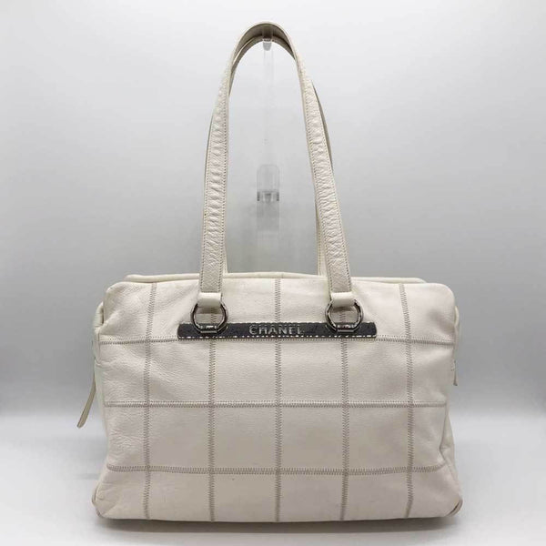 CHANEL Boston bag chocolate bar white leather