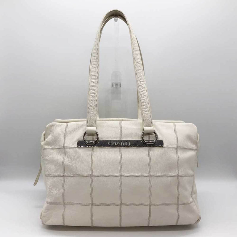 CHANEL Boston bag chocolate bar white leather