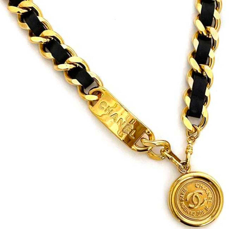 Chanel Chain Belt Gold Black Coco Mark Coin GP Leather CHANEL Waist for Women