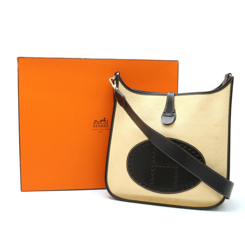 HERMES Evelyn GM I 1 Shoulder Bag Panama Straw Box Calf Leather Natural Black □H Stamp